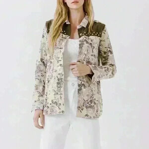 English Rose Multicolor Floral Studded Long Sleeve Button Front Jacket Size M